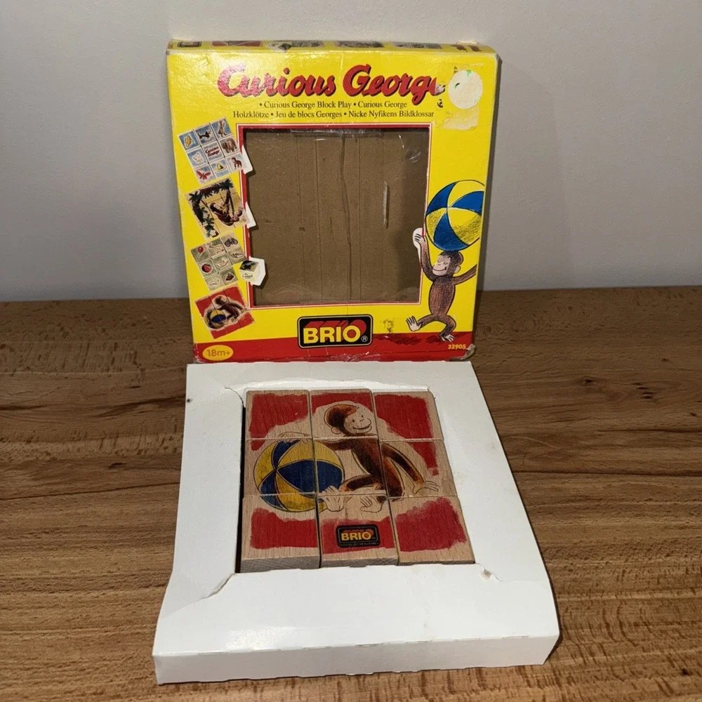Vintage Brio Curious George Block Play Puzzle 9 Cubes Wooden 32905